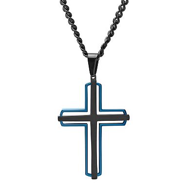 Steel Nation Men's Black & Blue Ion-Plated Stacked Cross Pendant Necklace