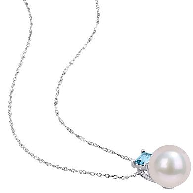 Stella Grace 10k White Gold Freshwater Cultured Pearl & Blue Topaz Stud Pendant Necklace