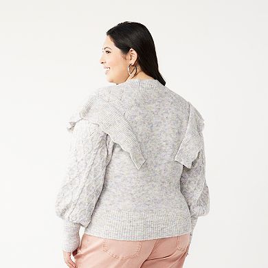 Juniors' Plus Size SO® Ruffled Cable Stitch Spacedye Sweater