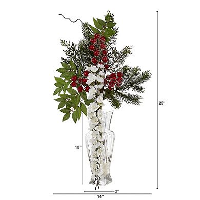 nearly natural 25-in. Wisteria, Iced Pine & Berries Artificial Arrangement in Glass Vase