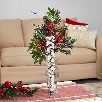 nearly natural 25-in. Wisteria, Iced Pine & Berries Artificial Arrangement in Glass Vase