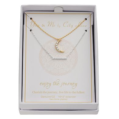 City Luxe Two Tone Cubic Zirconia Moon & Bar Necklace Set 