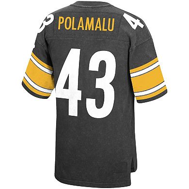Men's Mitchell & Ness Troy Polamalu Black Pittsburgh Steelers Retired Player Name & Number Acid Wash Top