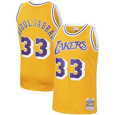 Men's Mitchell & Ness Kareem Abdul-Jabbar Gold Los Angeles Lakers Hardwood Classics Swingman Jersey