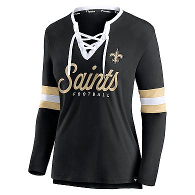 Women's Fanatics Branded Black New Orleans Saints Block Party Team Script Lace-Up Long Sleeve T-Shirt