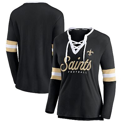Women's Fanatics Branded Black New Orleans Saints Block Party Team Script Lace-Up Long Sleeve T-Shirt