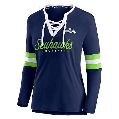 Women's Fanatics Branded College Navy Seattle Seahawks Block Party Team Script Lace-Up Long Sleeve T-Shirt