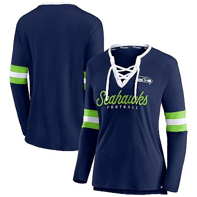 Women's Fanatics Branded College Navy Seattle Seahawks Block Party Team Script Lace-Up Long Sleeve T-Shirt