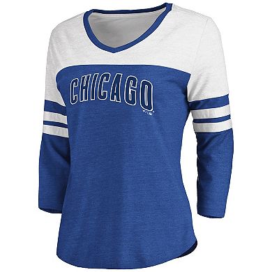 Women's Fanatics Branded Heathered Royal/White Chicago Cubs Official Wordmark 3/4 Sleeve V-Neck T-Shirt