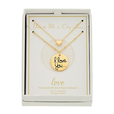 City Luxe 14k Gold-Plated Heart & "I Love You" Duo Necklaces Set