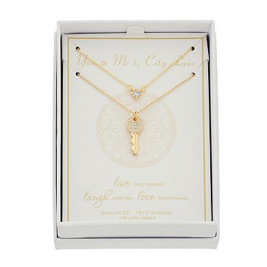 City Luxe 14k Gold-Plated Cubic Zirconia Round & Key Duo Necklaces Set 
