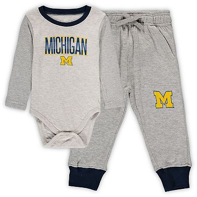 Infant Wes & Willy Heathered Gray/Navy Michigan Wolverines Jie Jie Long Sleeve Bodysuit & Pants Set