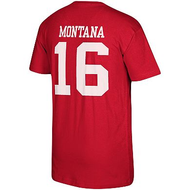 Men's Mitchell & Ness Joe Montana Scarlet San Francisco 49ers Retired Player Logo Name & Number T-Shirt