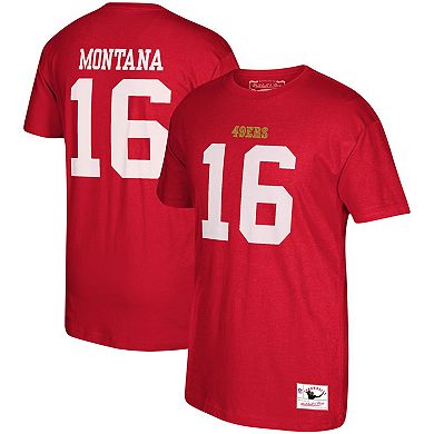 Men's Mitchell & Ness Joe Montana Scarlet San Francisco 49ers Retired Player Logo Name & Number T-Shirt