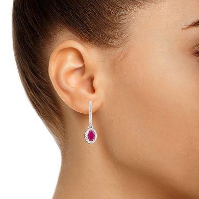 Celebration Gems Sterling Silver Oval-Cut Ruby & 1/3 Carat T.W. Diamond Hoop Drop Earrings