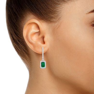 Celebration Gems Sterling Silver Emerald-Cut Emerald & 1/3 Carat T.W. Diamond Hoop Drop Earrings
