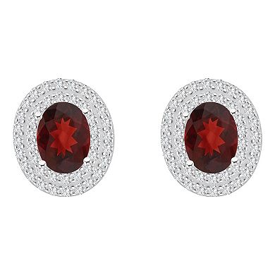 Celebration Gems Sterling Silver Oval-Cut Garnet & White Topaz Double Halo Stud Earrings