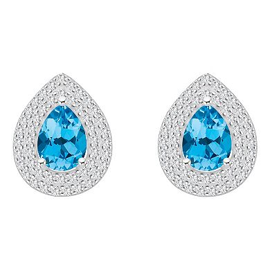 Celebration Gems Sterling Silver Teardrop Swiss Blue Topaz & White Topaz Double Halo Stud Earrings