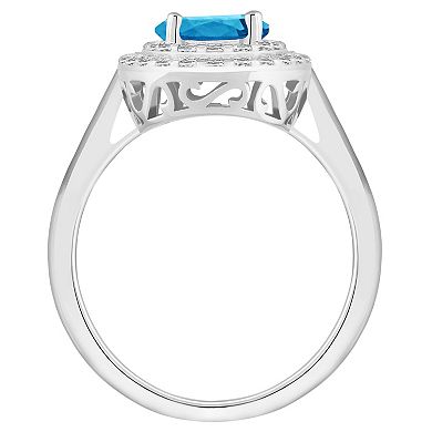 Celebration Gems Sterling Silver Round-Cut Swiss Blue Topaz & White Topaz Double Halo Ring