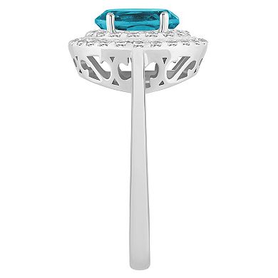 Celebration Gems Sterling Silver Oval-Cut Swiss Blue Topaz & White Topaz Double Halo Ring