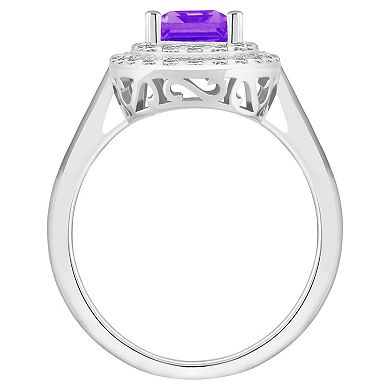 Celebration Gems Sterling Silver Emerald-Cut Amethyst & White Topaz Double Halo Ring