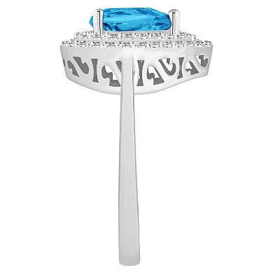 Celebration Gems Sterling Silver Teardrop Swiss Blue Topaz & White Topaz Double Halo Ring