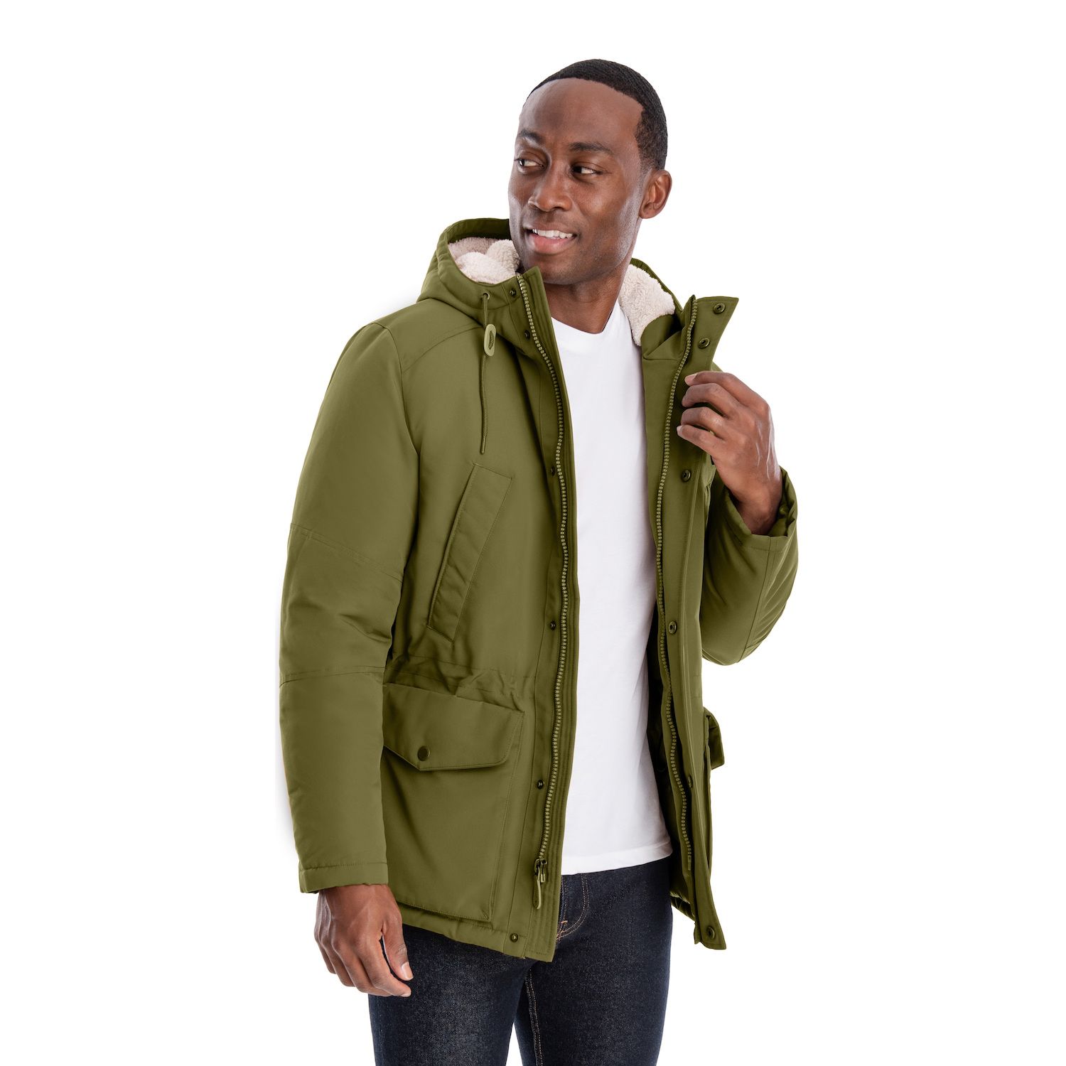 men's short parka with sherpa hood