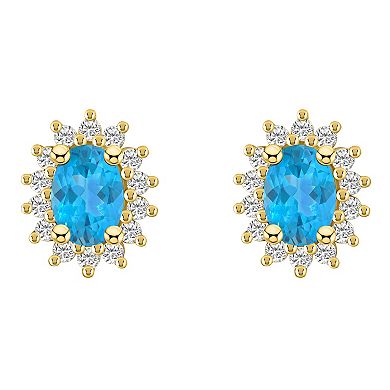 Alyson Layne 14k Gold Oval Blue Topaz & 1/2 Carat T.W. Diamond Halo Stud Earrings