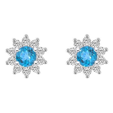 Alyson Layne 14k White Gold Round Blue Topaz 1 1/5 Carat T.W. Diamond Halo Stud Earrings