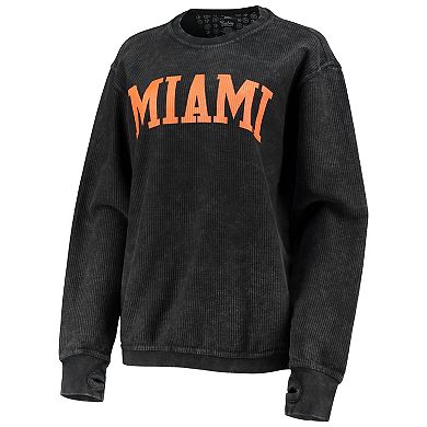 Women's Pressbox Black Miami Hurricanes Comfy Cord Vintage Wash Basic Arch Pullover Sweatshirt