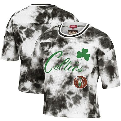 Women's Mitchell & Ness Black/White Boston Celtics Hardwood Classics Tie-Dye Cropped T-Shirt
