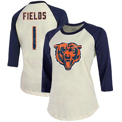 Women's Fanatics Branded Justin Fields Cream/Navy Chicago Bears Player Name & Number Raglan 3/4-Sleeve T-Shirt