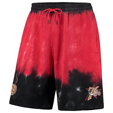 Men's Mitchell & Ness Black/Red Philadelphia 76ers Hardwood Classics Terry Tie-Dye Shorts