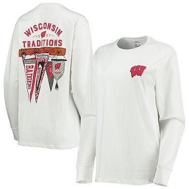 Women's Pressbox White Wisconsin Badgers Traditions Pennant Long Sleeve T-Shirt