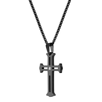 LYNX Men's Black Ion-Plated Tungsten Cross Pendant with Cubic Zirconia Accent