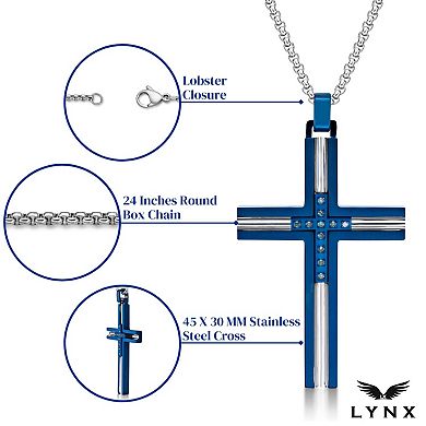 LYNX Men's Blue Ion-Plated Stainless Steel Cross Pendant Necklace with Blue Diamond Accents