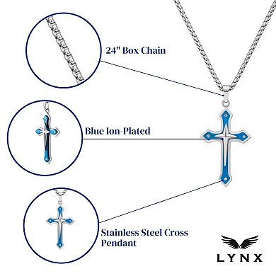 LYNX Men's Blue Ion-Plated Stainless Steel Cross Pendant Necklace