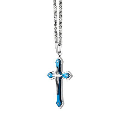 LYNX Men's Blue Ion-Plated Stainless Steel Cross Pendant Necklace