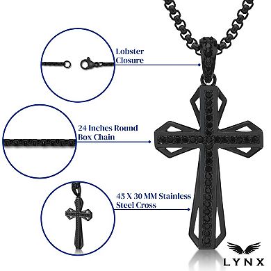 LYNX Men's Black Ion-Plated Stainless Steel Black Cubic Zirconia Cross Pendant Necklace
