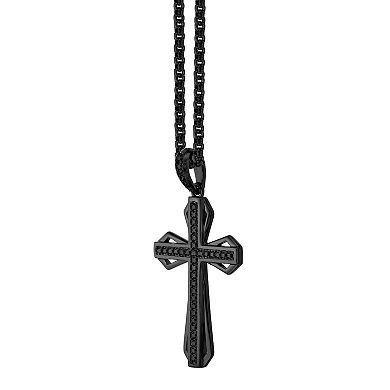 LYNX Men's Black Ion-Plated Stainless Steel Black Cubic Zirconia Cross Pendant Necklace