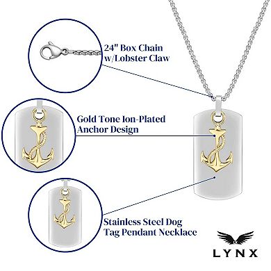 LYNX Men's Gold Tone Ion-Plated Stainless Steel Anchor Dog Tag Pendant Necklace