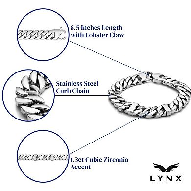 LYNX Men's Stainless Steel Curb Chain Bracelet with Cubic Zirconia Accents