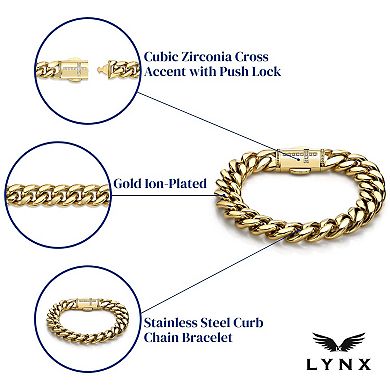 LYNX Men's Gold Tone Ion-Plated Stainless Steel Cubic Zirconia Cross 12 mm Curb Chain Bracelet