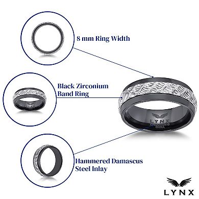 LYNX Men's Black Zirconium & Hammered Damascus Steel Ring