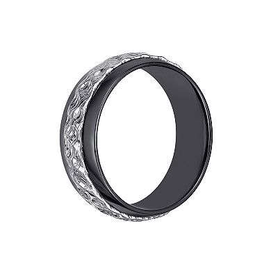 LYNX Men's Black Zirconium & Hammered Damascus Steel Ring