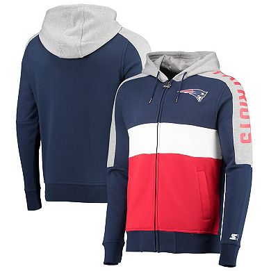 Men's Starter Navy/Red New England Patriots Playoffs Color Block Full-Zip Hoodie