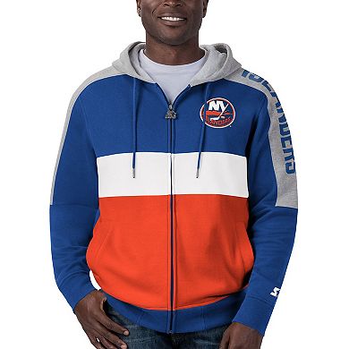 Men's Starter Royal/Orange New York Islanders Playoffs Color Block Full-Zip Hoodie