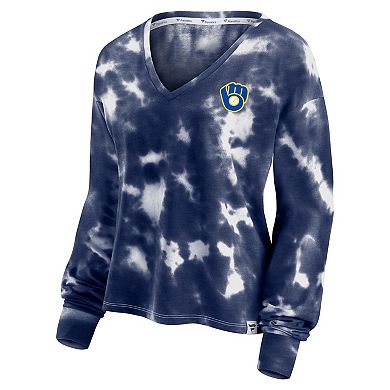 Women's Fanatics Branded White/Navy Milwaukee Brewers Tie-Dye V-Neck Pullover Cropped Tee