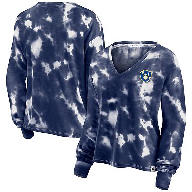 Women's Fanatics Branded White/Navy Milwaukee Brewers Tie-Dye V-Neck Pullover Cropped Tee