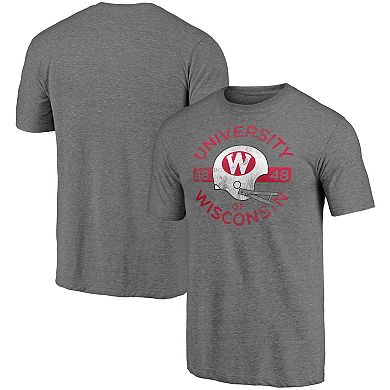 Men's Fanatics Branded Heathered Gray Wisconsin Badgers Throwback Helmet Tri-Blend T-Shirt